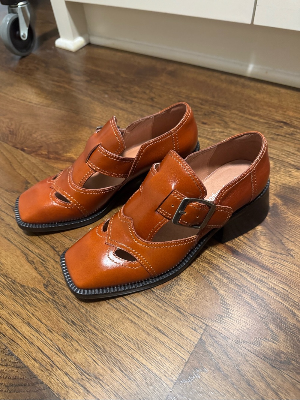 Jeffrey Campbell Cognac Square Toed Leather Block Heeled Mary Jane’s